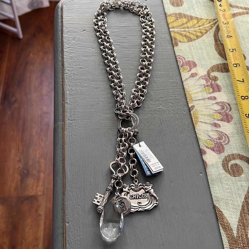 Chico’s Key Long Silver Tone Toggle Necklace NEW